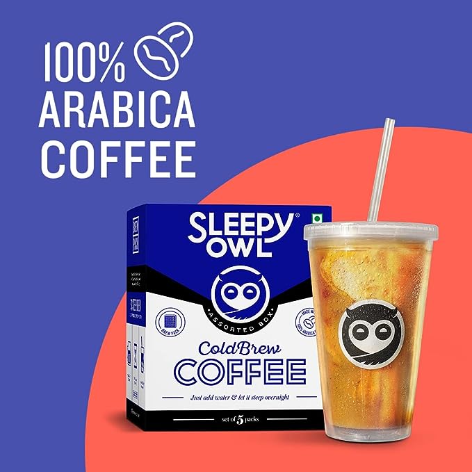 Sleepy Owl Assorted Cold Brew Coffee Bags | 5 Delicious Flavours - French Vanilla, Dark Roast, Cinnamon, Hazelnut, Original | Easy 3 Step Overnight Brew - No Equipment Needed | Makes 15 Cups | 100% Arabica Sleepy Owl Assorted Cold Brew Coffee Bags | 5 Delicious Flavours - French Vanilla, Dark Roast, Cinnamon, Hazelnut, Original | Easy 3 Step Overnight Brew - No Equipment Needed | Makes 15 Cups | 100% Arabica